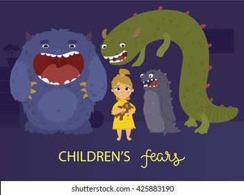 Vector illustration of children's fears of darkness and monsters, poster design, concept for banners