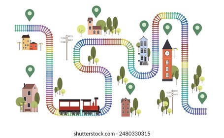 Ilustración vectorial de fondo de juegos infantiles con trenes. Vista superior de dibujos animados de una pista de ferrocarril curvada con rieles y un tren, señal de carretera, casas de época, bancos, reloj, luces de calle, árboles.