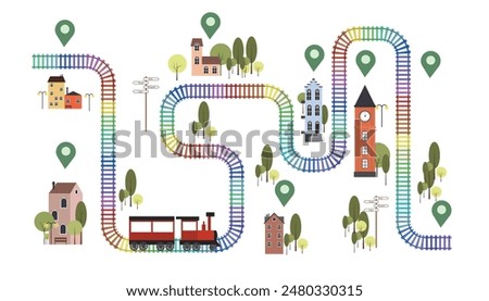 Vector illustration of children's game background with trains.Cartoon top view scene of a curved railroad track with rails and a train, road sign, vintage houses, benches, clock, street lights, trees.
