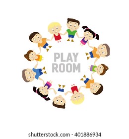 vector illustration of a children's game circle dance, boys and girls holding hands, icon flat style children