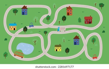 Vector illustration of childrens game city town. Cartoon houses with trees, green grass and a lake. Car paths with moving buses and cars. Cozy area to relax. Childrens pattern.