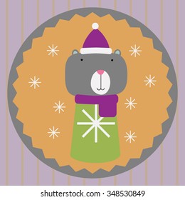 Vector illustration of children's greeting card with bear in Christmas costume