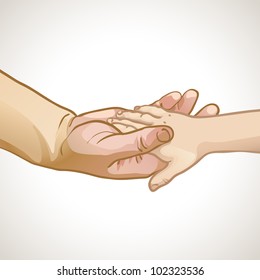 Vector illustration of children's hand in the hand of an adult