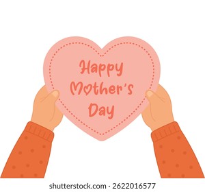 Vector Illustration of Children's Hands Holding Happy Mother's Day Heart Card