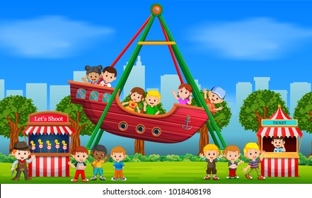 Vector Illustration Of Childrens Having Fun In Carnival At Daytime