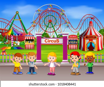 vector illustration of Childrens having fun in amusement park at daytime