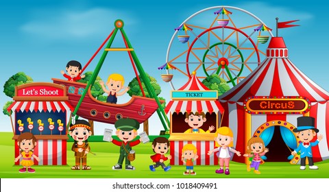 vector illustration of Childrens and having fun in amusement park