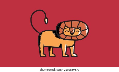 Ilustración vectorial para las vacaciones infantiles. Cuta caricatura de un león amarillo con un mane naranja al estilo doodle para los niños. Sticker dibujado a mano con león - el rey de las bestias sobre fondo rojo. León alegre
