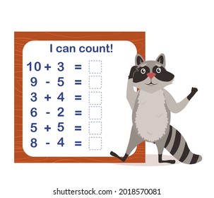 vector illustration of a children's math game on the topic I can count. Mathematical examples for addition and subtraction in the form of a game