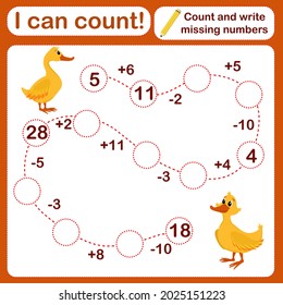 vector illustration of a children's math game on the topic I can count. Mathematical examples for addition and subtraction in the form of a game