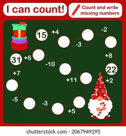 vector illustration of a children's math game on the theme "I can count". Mathematical examples of addition and subtraction in a playful way. Christmas theme