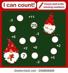 vector illustration of a children's math game on the theme "I can count". Mathematical examples of addition and subtraction in a playful way. Christmas theme