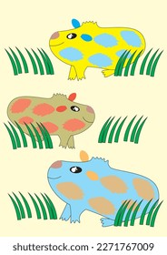 Vector illustration with children's motif. Three cute guinea pigs in the grass. Background, animal, rodent, spotted, cute, childish, cheerful.