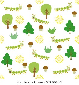 Vector illustration. Children's pattern for the background composed of small cartoon centipedes, fungi , trees and suns.