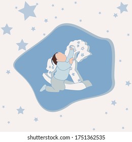 vector illustration children`s picture, a little boy plays with a horse