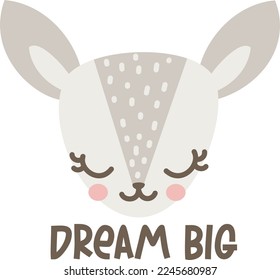 Vector illustration for a children's print. Sleeping baby deer, doe, roe deer. An inscription of big dreams. 