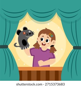 Ilustración vectorial de una representación de teatro de títeres para niños. Espectáculo de marionetas. Juguetes de marionetas para niños hechos de títeres de zoológico de calcetines. Teatro de marionetas de los niños, espectáculo de marionetas de animales en el escenario