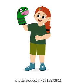 Vector illustration of a children's puppet theater performance. Puppet show. Children's marionette toys made from sock zoo puppets. Children's puppet theater, animal puppet show on stage