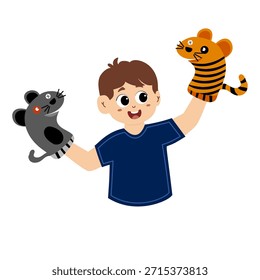 Vector illustration of a children's puppet theater performance. Puppet show. Children's marionette toys made from sock zoo puppets. Children's puppet theater, animal puppet show on stage