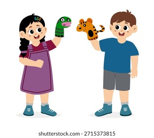 Ilustração vetorial de uma performance de teatro de bonecos infantis. Espetáculo de marionetes. Brinquedos de marionete para crianças feitos de fantoches de meia zoológico. Teatro infantil de bonecos, espetáculo de bonecos de animais no palco