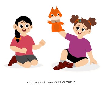 Ilustración vectorial de una representación de teatro de títeres para niños. Espectáculo de marionetas. Juguetes de marionetas para niños hechos de títeres de zoológico de calcetines. Teatro de marionetas de los niños, espectáculo de marionetas de animales en el escenario