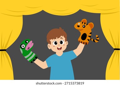 Ilustración vectorial de una representación de teatro de títeres para niños. Espectáculo de marionetas. Juguetes de marionetas para niños hechos de títeres de zoológico de calcetines. Teatro de marionetas de los niños, espectáculo de marionetas de animales en el escenario