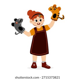 Ilustración vectorial de una representación de teatro de títeres para niños. Espectáculo de marionetas. Juguetes de marionetas para niños hechos de títeres de zoológico de calcetines. Teatro de marionetas de los niños, espectáculo de marionetas de animales en el escenario