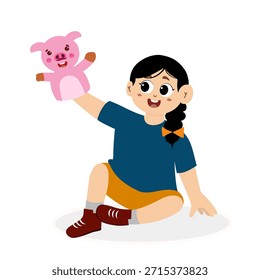 Ilustración vectorial de una representación de teatro de títeres para niños. Espectáculo de marionetas. Juguetes de marionetas para niños hechos de títeres de zoológico de calcetines. Teatro de marionetas de los niños, espectáculo de marionetas de animales en el escenario
