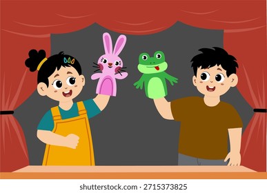 Ilustración vectorial de una representación de teatro de títeres para niños. Espectáculo de marionetas. Juguetes de marionetas para niños hechos de títeres de zoológico de calcetines. Teatro de marionetas de los niños, espectáculo de marionetas de animales en el escenario