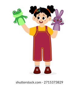 Ilustração vetorial de uma performance de teatro de bonecos infantis. Espetáculo de marionetes. Brinquedos de marionete para crianças feitos de fantoches de meia zoológico. Teatro infantil de bonecos, espetáculo de bonecos de animais no palco