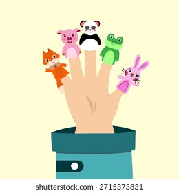 Ilustración vectorial de una representación de teatro de títeres para niños. Espectáculo de marionetas. Juguetes de marionetas para niños hechos de títeres de zoológico de calcetines. Teatro de marionetas de los niños, espectáculo de marionetas de animales en el escenario