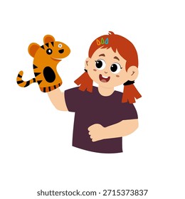 Ilustración vectorial de una representación de teatro de títeres para niños. Espectáculo de marionetas. Juguetes de marionetas para niños hechos de títeres de zoológico de calcetines. Teatro de marionetas de los niños, espectáculo de marionetas de animales en el escenario