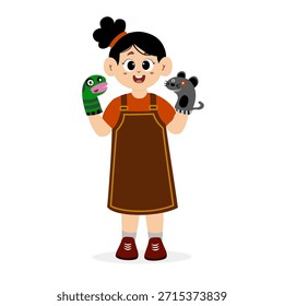 Ilustración vectorial de una representación de teatro de títeres para niños. Espectáculo de marionetas. Juguetes de marionetas para niños hechos de títeres de zoológico de calcetines. Teatro de marionetas de los niños, espectáculo de marionetas de animales en el escenario