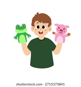 Vector illustration of a children's puppet theater performance. Puppet show. Children's marionette toys made from sock zoo puppets. Children's puppet theater, animal puppet show on stage