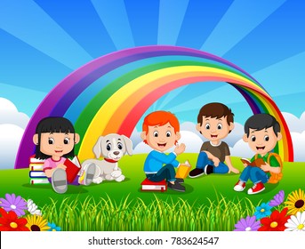 Vector illustration of Childrens reading book in the park on rainbow day