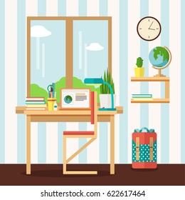 Vector illustration of children's room interior with desk Student's workplace in flat design style