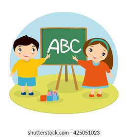 vector illustration. children's school. girl and boy teaches letters. cute pupils in school  studying
