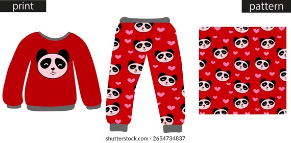 Vektorgrafik eines Kinderschlafs, mit einem Panda-Aufdruck. Das beiliegende nahtlose Musterswatch ist ebenfalls enthalten. Geeignet für Textil-Design, Kinderbekleidung und Produkt-Mockups.