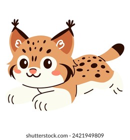 Vector illustration in children's style. Cute lynx playing on white background 