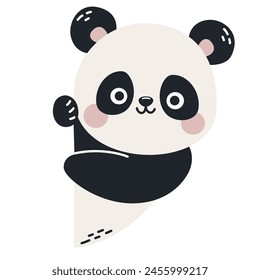 Vector illustration in children's style. Cute panda looking out from behind a banner, in Scandinavian style 