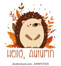 Ilustración vectorial al estilo infantil. Lindo erizo en hojas de otoño, la inscripción Hola Otoño 