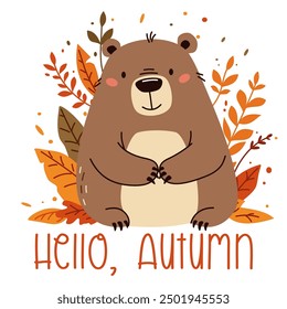 Vector illustration in children's style. Cute bear in autumn leaves, the inscription Hello Autumn 