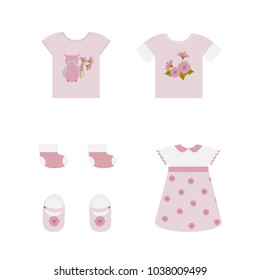Vector illustration of children`s summer clothes for girls on white isolated background. Template for design of a store, album, poster.
