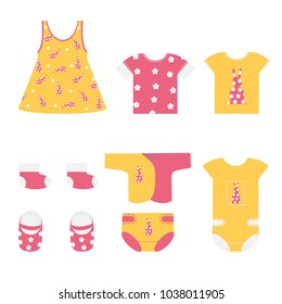 Vector illustration of children's summer clothes for newborn girls on white isolated background. Template for design of a store, album, poster.