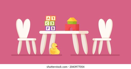 Vector illustration of children's table. Two chairs and a table isolated on a pink background. 