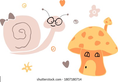 vector illustration of children's tender cute pink snail and mushroom house with flowers and hearts on the background