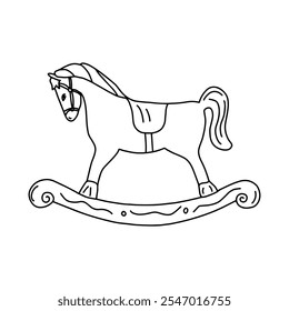 Vector illustration of children's toy rocking horse. Black and white outline drawing For children, holiday toy, coloring book, greeting card, children's ornament