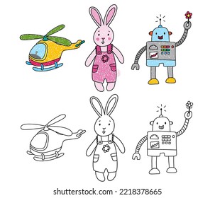 vector illustration of children's toys suitable for children's content, coloring books, children's stories, cartoon templates