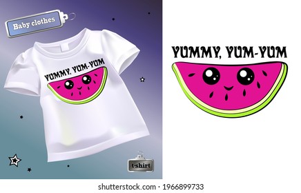 Vector illustration of a children's t-shirt with a pattern. Isolated image of cartoon watermelon slice. Cute slice of watermelon with eyes on a T-shirt.