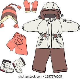 Vector illustration of children's winter clothes for girl in tofu, coral and grey colors
